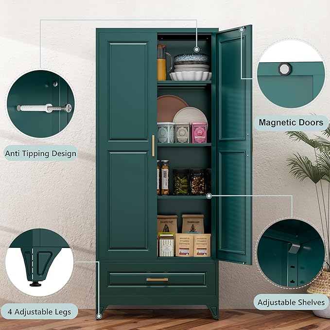 75” Kitchen Pantry Storage Cabinet,Metal Tall Storage Cabinet with Drawers and Adjustable Shelves,Modern Kitchen Hutch Cabinets,Freestanding Cupboard for Living Room,Green