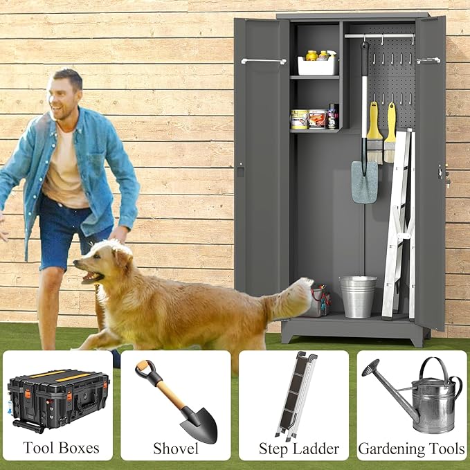 Outdoor Storage Cabinet,Garden Storage Cabinet with Sloping Roof and Waterproof Coating,Metal Storage Cabinets with Lockable Doors for Backyard,Lawn,Dark Gray