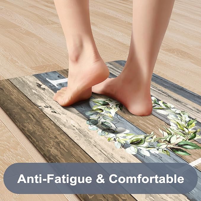 KIMODE Farmhouse Kitchen Mats for Floor 2 Piece,Cushioned Anti Fatigue Rugs Non Slip,Memory Foam Waterproof Carpet for Sink Laundry Office Bathroom,Blue 17"x47"+17"x29"