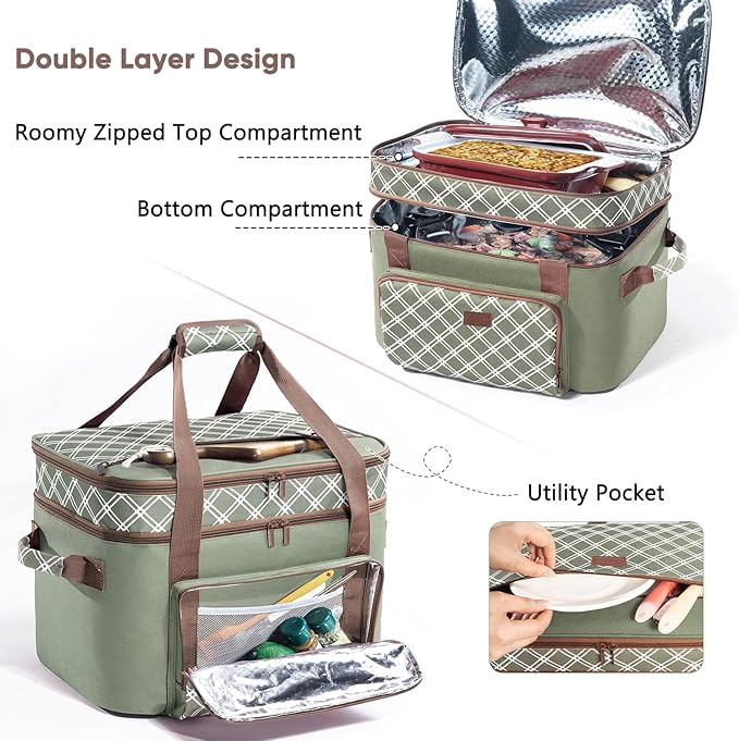 Double Layer Slow Cooker Carrier Bag for 6-8 Quart Oval CrockPot, Insulated Crock Pot Travel Bag with Top Zip Compartment and Front Pocket for Utensils