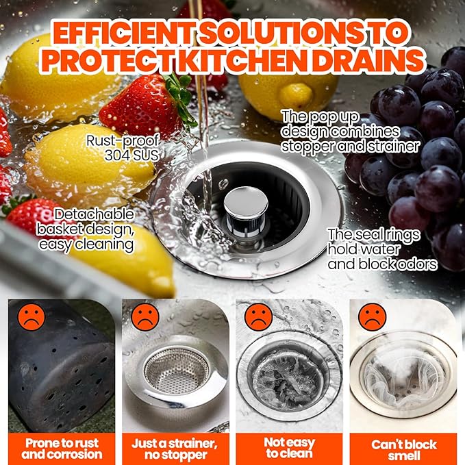 Kitchen Sink Drain Strainer & Sink Stopper, Upgraded Stainless Steel Drain Plug Combo with Anti-Clog Basket, Pop Up Drain Cover for Standard 3-1/2'',Garbage Disposal Parts