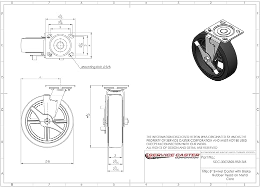 Service Caster Brand Replacement Caster for Uline Caster H-3327SWB - Swivel Top Plate Caster with 8 Inch Rubber on Metal Wheel and Top Lock Brake - Fits Platform, U-Boat and Panel Trucks H-1192