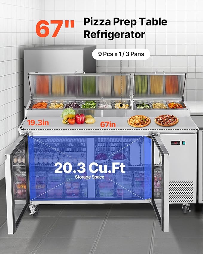 VEVOR 67"W Commercial Refrigerator, Pizza Prep Refrigerated Table, 19.3" Ultra Wide Countertop Food Prep Fridge, 20.3 Cu.Ft Single Door Salad Prep Fridge, 9 Pans Pizza Make Worktop with Cutting Board