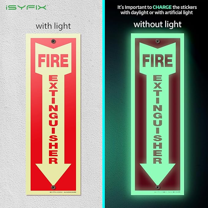 iSYFIX Fire Extinguisher Glow in the Dark Signs – 5 Pack 4x12 Inch – 40 mil Thick Polystyrene Plastic, Laminated for Ultimate UV, Weather, Scratch, Water & Fade Resistance, Indoor & Outdoor