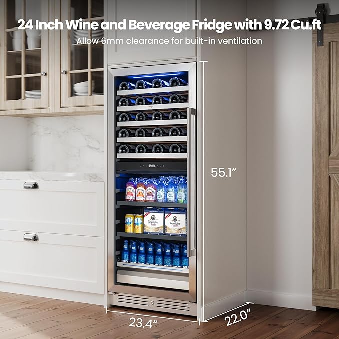 Yeego 24 Inch Wine Fridge - 40 Bottles and 112 Cans Dual Zone Wine Cooler with Glass Door, 34-65℉ Built-In or Freestanding Refrigerator with Lock and 2 Color LED for Kitchen Bar Office (Left-Hinged)