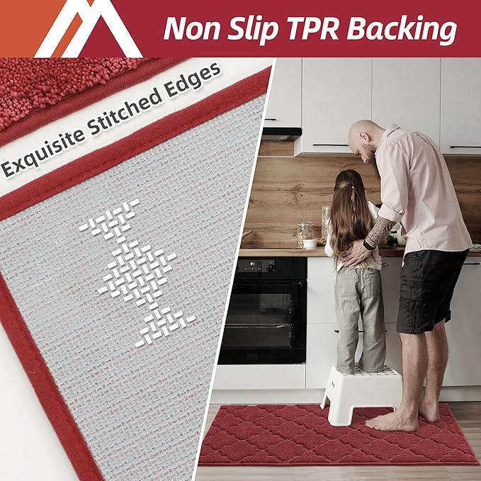 COSY HOMEER-Kitchen-Rugs-Non-Slip-Washable 24"x60" Absorbent Kitchen Runner Rug Polyester Kitchen Mats for Floor Soft Standing Floor Mats for Sink Mat,Hallway,Laundry,Red