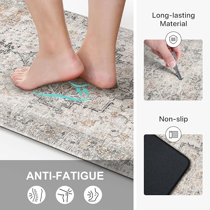 GENIMO 17.3"x59"-0.47 thick Kitchen Mats for Floor, Washable Anti Fatigue Mat for Cushioned, Ergonomic Comfort Foam kitchen Rugs, Non Slip Standing Mat for Home, Sink, Office, Laundry, LightTaupeBrown