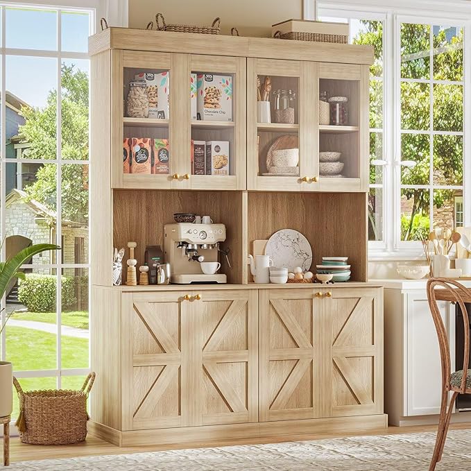 71" Farmhouse Kitchen Pantry Cabinet Set of 2, Tall Freestanding Storage Hutch with Glass Doors, Microwave Stand and Adjustable Shelves, Coffee Bar Cabinet for Kitchen or Living Room, Brown