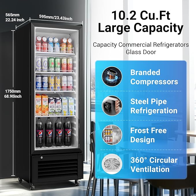 BODEGACOOLER Commercial Beverage Refrigerator, 290L Display Fridge with Soft LED Light, 264 Cans & 120 Bottles Commercial Merchandiser Refrigerator For Kitchen, Home,Office,Garage,Gym,Shop,Man cave