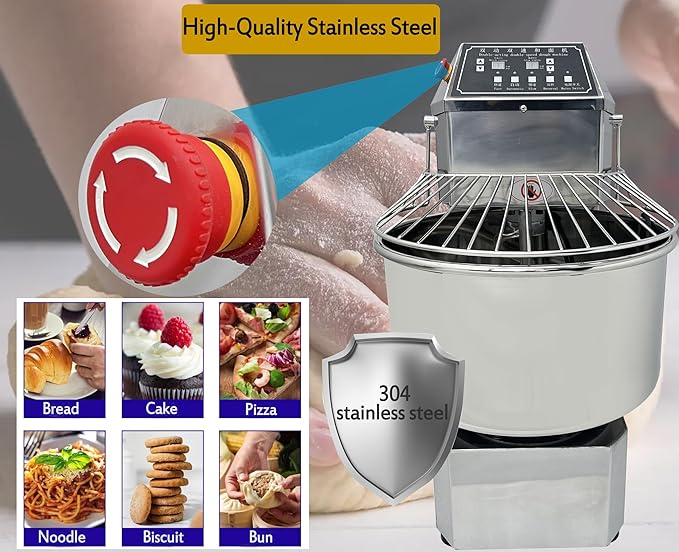 TECHTONGDA Commercial Dough Mixer Food Mixer with Time Setting, 50L Stainless Steel Stand Mixer for Bakery, Pizzerias & Kitchens, Heavy Duty Pizza & Bread Dough Mixer with Double Action, Double Speed