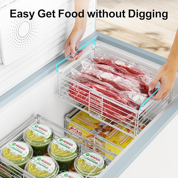 iSPECLE 8 Pack Freezer Organizer Bins, Adjustable Wire Baskets for 10 to 20 Cu.Ft Chest Freezer, Stackable Storage with Handles, Deep Freeze Organizer for Meat & Vegetables, White