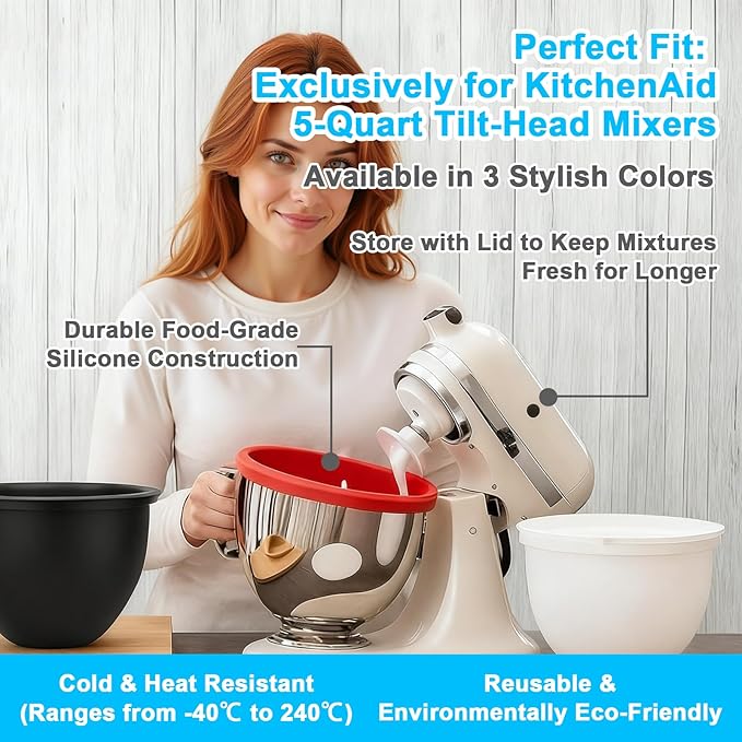 Silicone Bowl Insert Compatible with 5 Qt KitchenAid Tilt-Head Mixer, Food-Grade Non-Slip Bowl Liner, Dishwasher Safe & Easy to Clean Replacement Accessory (3Pcs)