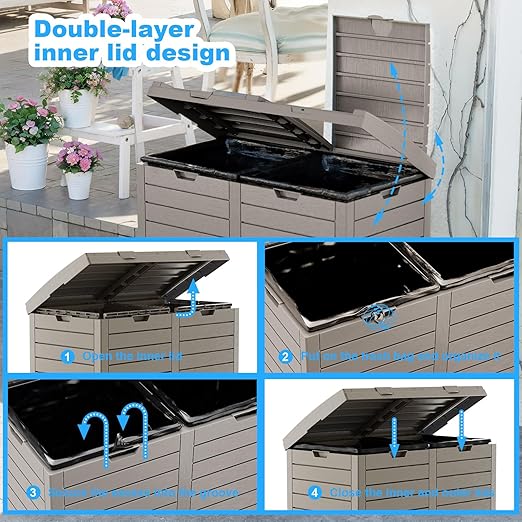 Outdoor Trash Can with Lid, Outdoor Trash Bin & Pull-Out Liquid Drawer, Dual Lid Closure Design, Waterproof Resin Garbage Can Container for Patio, Backyard, Deck (Grey, 76 Gallon)