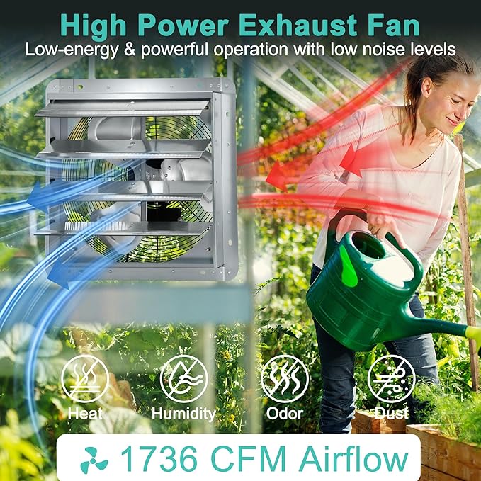 18 Inch Shutter Exhaust Fan with Thermostat and Speed Controller, 1736 CFM Powerful Wall Mounted Vent Fan for Attic, Greenhouse, Shed, Garage, Chicken Coop Ventilation, 2600 SQF Coverage Area