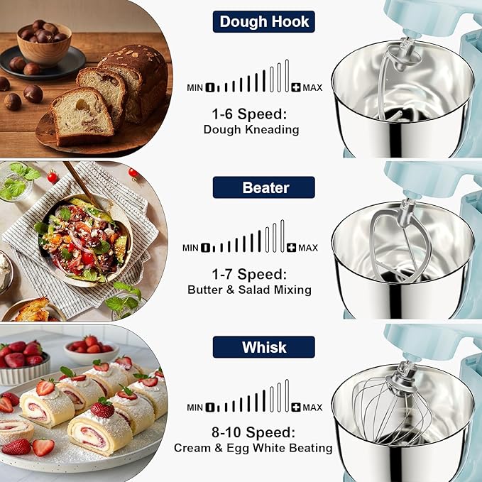Camic Stand Mixer, 4.2QT+5.3QT Two bowls Electric Food Mixer, 10 Speeds with Digital setting 3-IN-1 Kitchen Mixer for Baking Cakes Cookie Bread Salad with Egg Whisk,Dough Hook,Flat Beater(Blue)