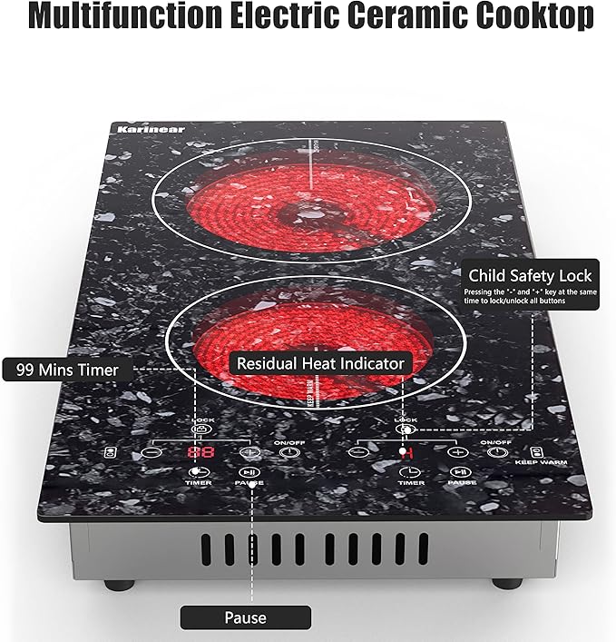 Karinear Portable Electric Cooktop 2 Burners, 110v Plug in Electric Stove Top, Countertop Use or Built-in Install, 12'' Ceramic Cooktop with Beautiful Marble Patterned