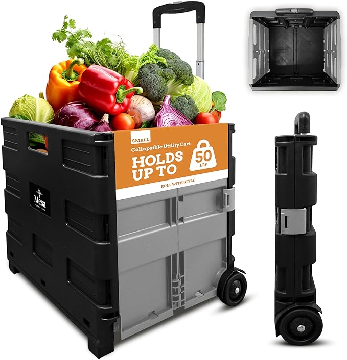 Inspired Living Ultra-Slim Rolling Collapsible Storage Pack-N-Roll Utility-carts, with Telescopic Handle, for Home, Garden, Shopping, Office, School use, Medium, Grey & Black