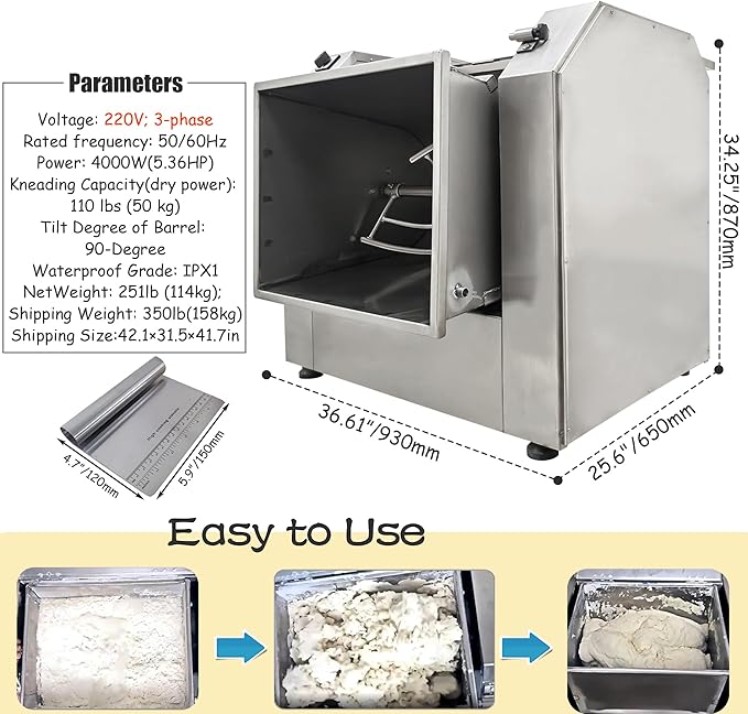 INTSUPERMAI 220V Commercial Dough Mixer Machine 50 KG Kneading Capacity 75L Electric Food Flour Mixer 4000W/5.36HP for Dough Mixing Kneading for Schools Bakeries Restaurants Pizzerias