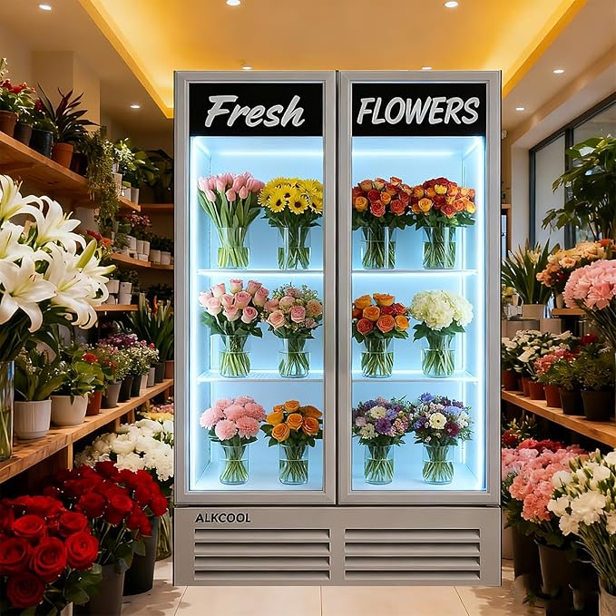 Commercial Flower Refrigerator Floral Display Cooler,White 2 Glass Doors Fridge With LED Light Adjustable Shelves,ETLSanitation Approval,40" Wide, Adjustable Shelves & Wheels Included