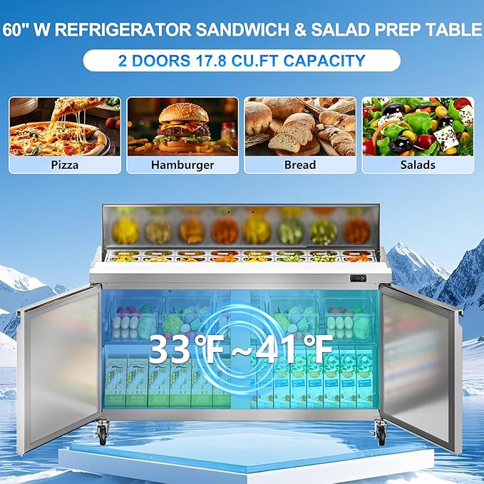 60" W Commercial Refrigerator Sandwich Salad Prep Table, 17.8 Cu.ft 2 Door Commercial Stainless Steel Food Prep Fridge with 16 Pans, Salad Prep Station for Restaurant, Bar, Shop, etc.