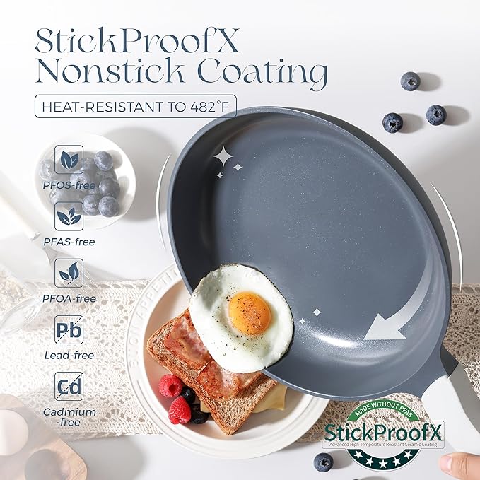 PRICUSIS Nonstick Ceramic Frying Pan Skillet, 10+12 Inch Induction Compatible with Stay Cool Handle, Healthy PTFE PFAS & PFOA Free Omelet Pan, Dishwasher Safe (Blueberry Gray)