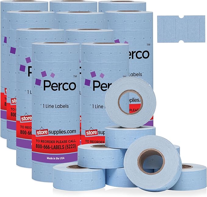 Perco 1 Line Blue Labels - 80 Rolls, 10 Sleeves, 80,000 Blank Price and Date Gun Labels for Perco Lite, X, Plus and Pro 1 Line Price and Date Guns - Made in USA