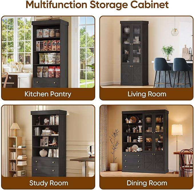 Vyre 71" Tall Farmhouse Kitchen Pantry, Large Storage Cabinets with Glass Doors, Adjustable Shelves, Wood Versatile Hutch Cabinet for Living Room, Dining Room, Kitchen, Black
