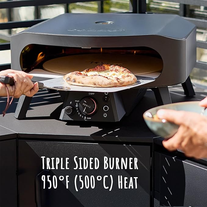 13" Gas Pizza Oven with Rotating Pizza Stone for Easy Restaurant-Style Pizza at Home – Triple Burner, Built-In Thermometer, Fast 15-Min Preheat, Portable Outdoor Pizza Oven
