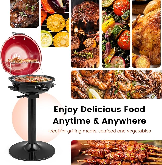 HAPPYGRILL 1600W Electric Grill Outdoor, Portable BBQ Grill with Warming Tray, Removable Non-Stick Grill Rack, Adjustable Temperature& Oil Drip Tray for Patio, Camping, Picnic