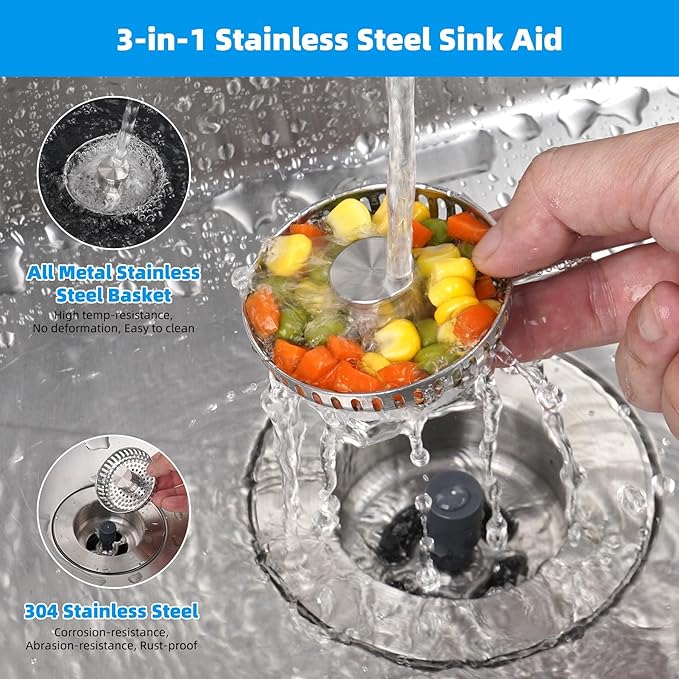 Kitchen Sink Drain Stopper with Removable Basket, Pop-Up Sink Plug for Standard Kitchen Drains, Stainless Steel Drain Cover with Anti-Debris Design