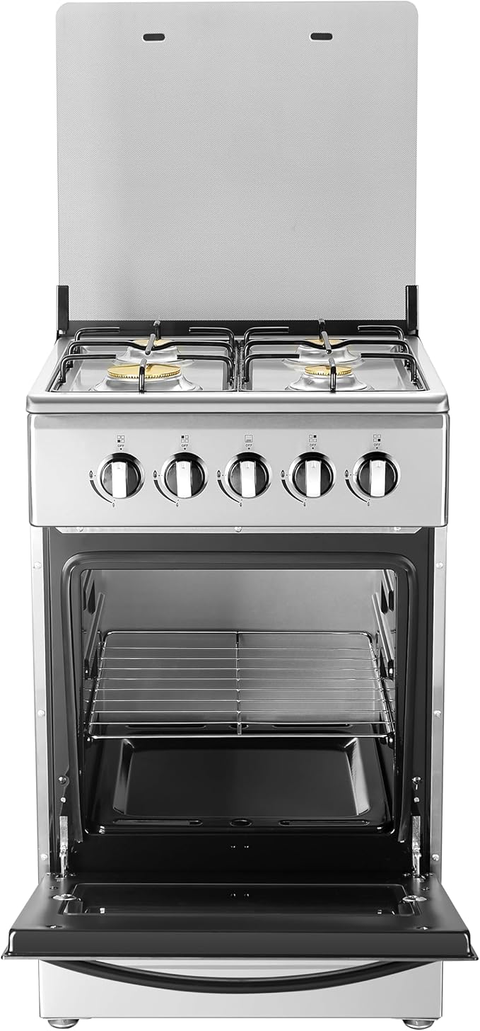 20" Free Standing Gas Stove Oven Range,4 Burner LPG Cooktop with 65L Oven, 201 Stainless Steel Body, Double Layer Mirror Surface Tempered Glass Door, Compact Design for Kitchen (NG-LPG Conversion Kit)