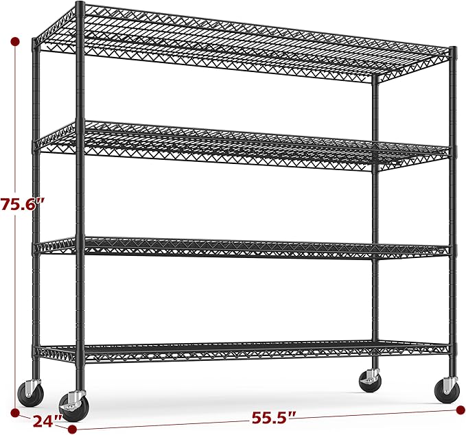 REIBII 75.6" H Storage Shelves Metal Shelving Unit with Wheels 55''W Garage Shelving Heavy Duty Wire Shelves for Storage Rack Adjustable Pantry Shelf Commercial Industrial Shelving,55.5''W X 24" D