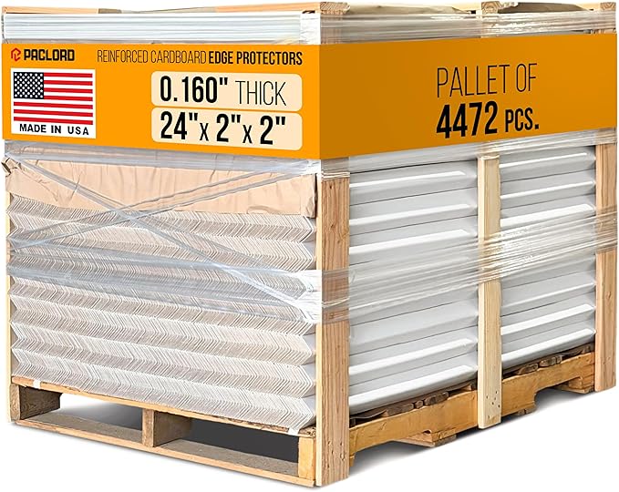 24" x 2" x 2" Reinforced Cardboard Edge Protectors, White (Pallet of 4472) – 0.16" Thick Heavy-Duty Cardboard Corner Protectors for Shipping – American Quality V-Board Pallet Edge Guard