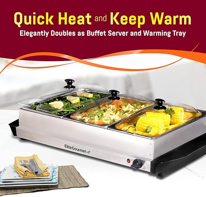 Elite Gourmet EWM-6171# Triple 3 x 2.5 Qt. Trays, Buffet Server, Food Warmer Temperature Control, Clear Slotted Lids, Perfect for Parties, Entertaining & Holidays, 7.5 Qt Total, Stainless Steel