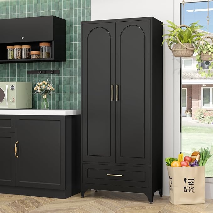 Metal Storage Cabinet with Drawers,75Inch Black Pantry Cabinets for Kitchen Storage with 3 Adjustable Shelves,Tall Kitchen Pantry Cabinet for Living Room, Dining Room，Office