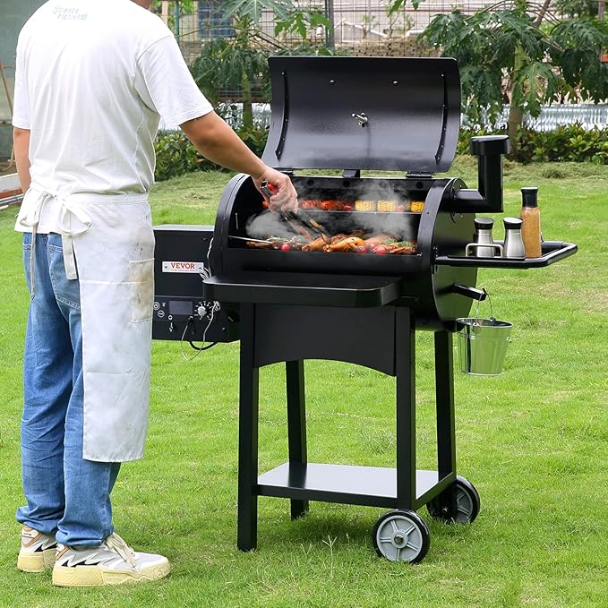 VEVOR Smoker Grill, Portable Wood Pellet Grill with Cart, 500°F Max Temperature, 580 SQ.IN Cook Area, 8 IN 1 BBQ Grill with PID Temperature Control & Meat Probe for Outdoor Cooking, Camping, Backyard