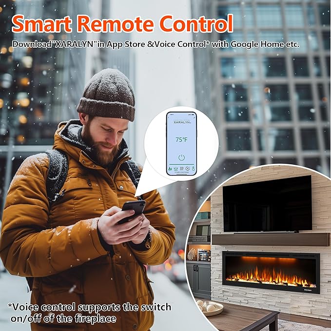 100 inch Smart Electric Fireplace, Wall Mounted Fireplace Insert for Living Room, Realistic Flame Fire w/Multicolor, Large Linear Fireplace Recessed in Wall, Black (100")