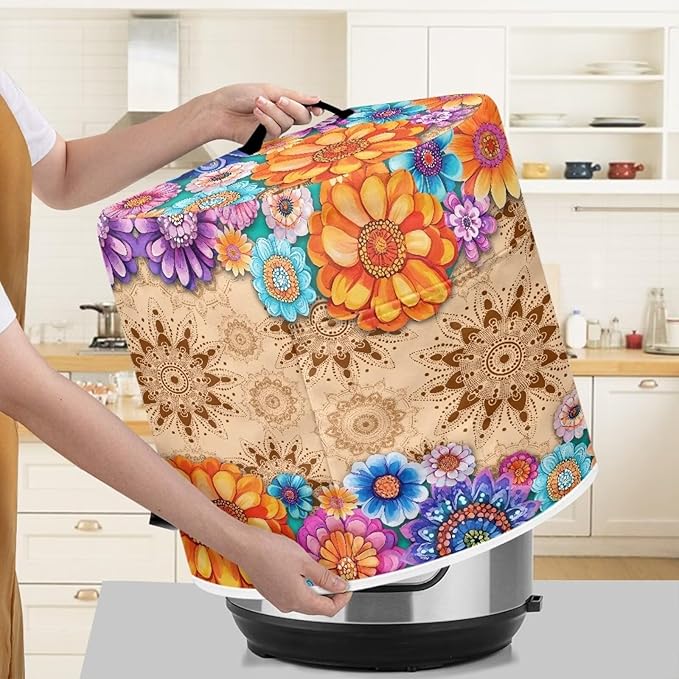 TODIYADDU Vintage Hippie Flower Electric Pressure Cooker Cover Round Protective Cover Bag with Pocket and Handle for Instant Pot or Rice Cooker Kitchen Small Appliance Dust Covers Holiday Presents, S