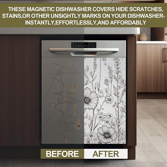 Black White Flowers Dishwasher Magnet Cover,Kitchen Decor Waterproof Refrigerator Magnet Appliance Cover Protector,23Wx26H Inches