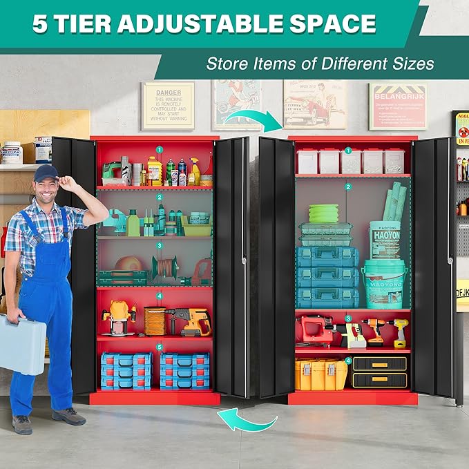 SISESOL Wide & Deep Metal Storage Cabinet with Lock & Adjustable Shelves,72" Red Black Garage Storage Cabinet with Locking Doors,Lockable Cabinets for Home,Office,Shop,Garage,Basement 72x36x18