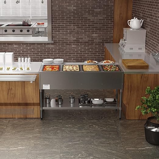 KoolMore 4-Pan Open Well Commercial Electric Stainless Steel Steam Table Food Warmer for Buffets with Undershelf, Warming Control Knobs, and Front Serving Area [120V] (KM-OWS-4), Silver