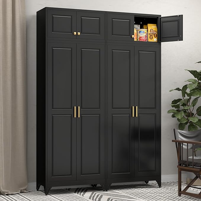 Kitchen Pantry Storage Cabinets, 90" Tall Metal Storage Cabinet with Doors and 4 Shelves, Black Pantry Cabinet, Utility Kitchen Cupboard, Large Steel Cabinets for Dining Room, Office, Living Room