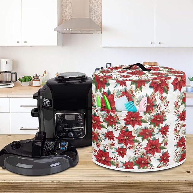 Dust Cover for Kitchen Instant Pot, for 3 Quart Pressure Cooker Air Fryer Rice Cooker Kitchen Appliance Dust Protection with Storage Pocket Christmas Decoration, Red Poinsettia Flower
