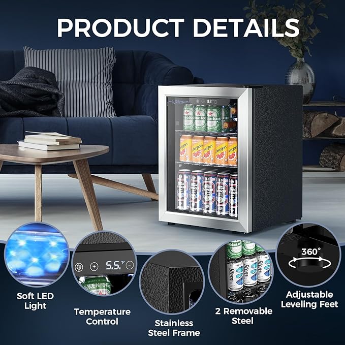 68 Can Beverage Refrigerator Mini Fridge Cooler Glass Door for Beer Soda or Wine, Freestanding Drink Cooler LED Temperature Control for Bar Home, Office 1.7CUFT