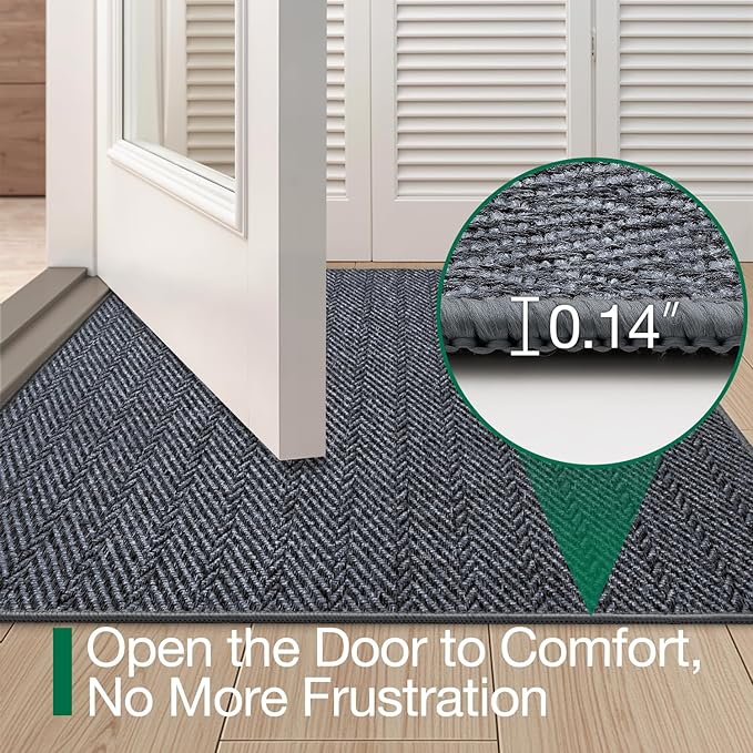 LUMI Ultra Thin Indoor Door Mat for Entrance 36"x56", Non Slip Entryway Mat, Low Profile Doormat, Unique Herringbone Design Carpet for Inside, Patio, Porch, Medium Gray