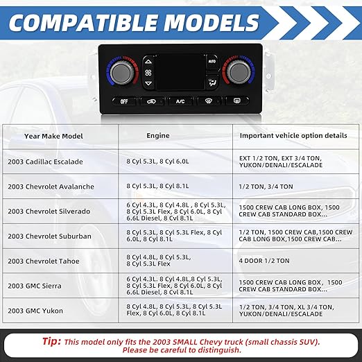 599-211XD A/C Heater Climate Control Module Panel Switch for 2003 Chevy Silverado Suburban Tahoe Avalanche GMC Sierra Yukon Cadillac Escalade, OE# 15201969 10367042 15107730 15105215 15185639 15137655