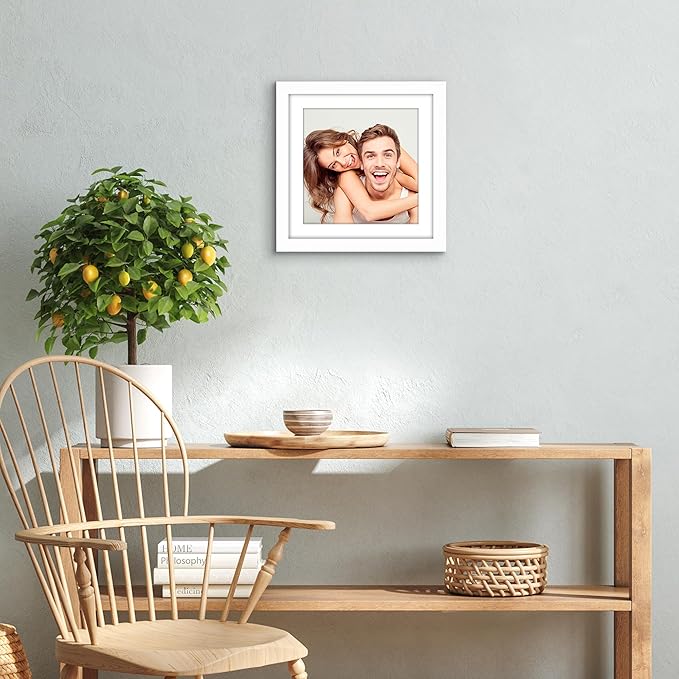 Americanflat 10x10 Picture Frame with Shatter-Resistant Glass - Use as 8x8 Frame with Mat or Display 10x10 Photo Without Mat - Signature Collection - Square Frames for Wall Display - White
