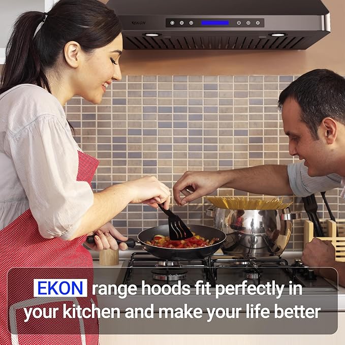 EKON 30 Black inches Under Cabinet Range Hood, 900 CFM Stainless Steel Kitchen Chimney Vent, 4 Speed Touch Screen Control With Remote 2Pcs 3W LED lights Dishwasher-safe Filters Fan Timer