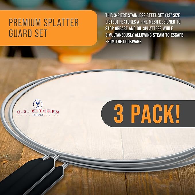U.S. Kitchen Supply 3-Piece Stainless Steel Splatter Guard Set 13" Fine Mesh Cover, Grease & Oil, Splatter Screen for Frying Pan, Cooking Pots, with Comfort Grip Handles