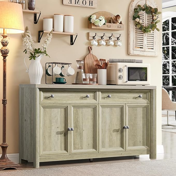 Farmhouse Buffet Cabinet with Storage, 59" Large Sideboard Credenza with Adjustable Shelves & 4 Doors, Wood Rustic Kitchen Coffee Bar Console for Table Living Room, Natural